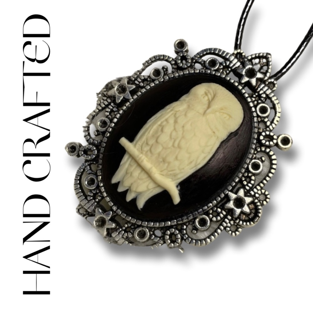 FINAL PRICE 3-D Victorian Inspired Black Resin Owl Cameo Pendant Artisan